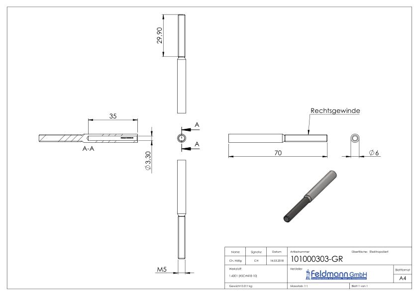 Gewindeterminal für Seil 3mm, V2A Gewindeterminal für Seil 3mm, V2A