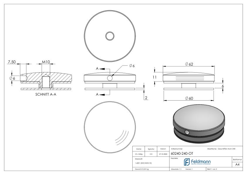 Oberteil für 62mm Glaspunkthalter, V2A Oberteil für 62mm Glaspunkthalter, V2A