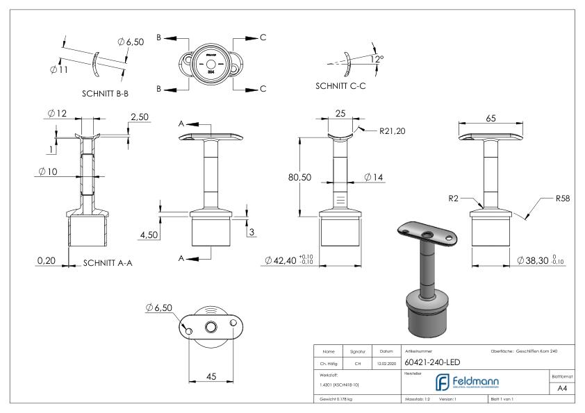 Rohrabschlussstopfen mit Stift für LED Handlauf, V2A