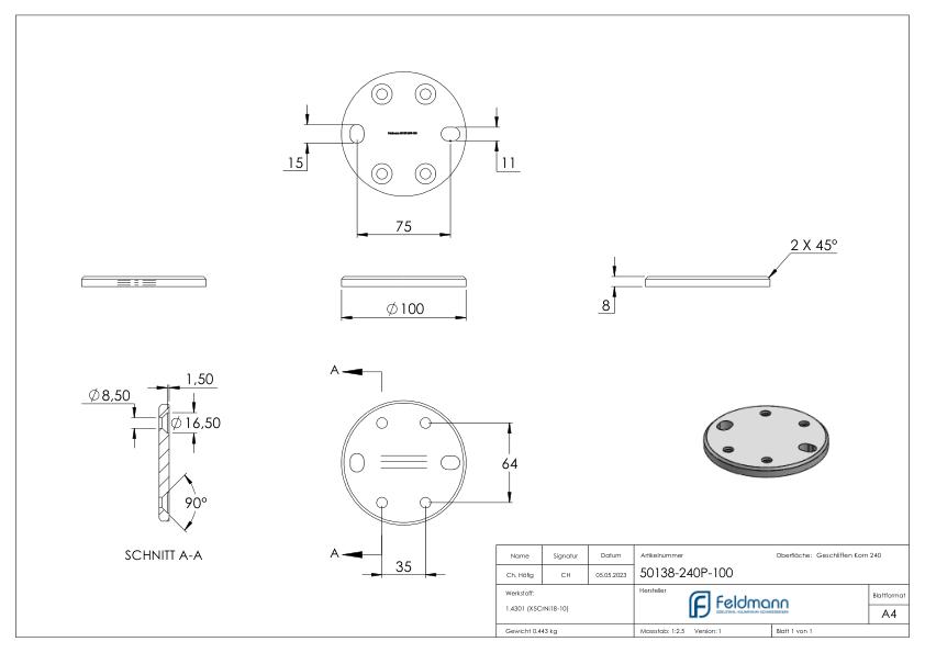 Ankerplatte, 100x8mm, für Spannringe, V2A