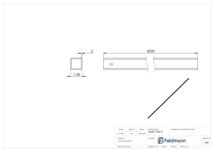 Quadratrohr, 40x40x3,0mm, L: 6000mm, V2A