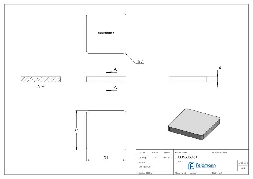 Flachkappe für QR 30x30mm, Stahl roh