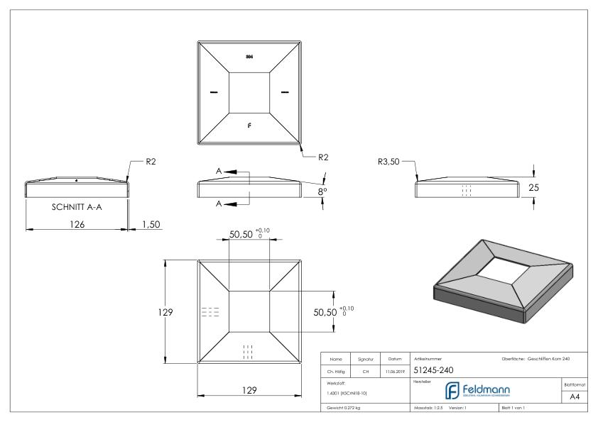 Abdeckrosette, 129x129x25mm für 50x50mm, V2A