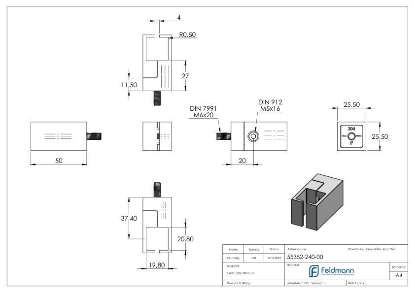 Halter für quadratisches Klemmprofil 20x20mm, Anschluss: gerade, V2A