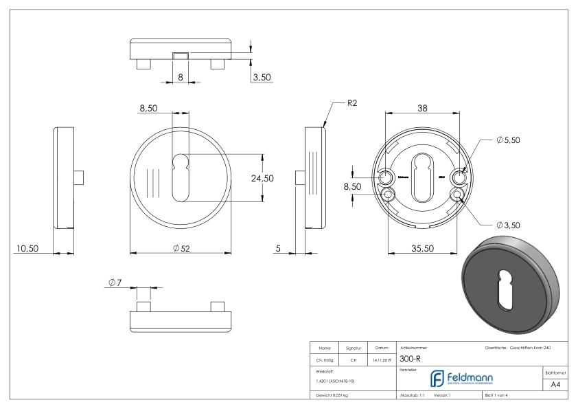 Schlüsselrosette-Paar, für Buntbart, V2A