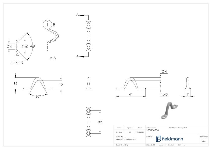 Wandöse, Rundeisen: 4mm, V4A