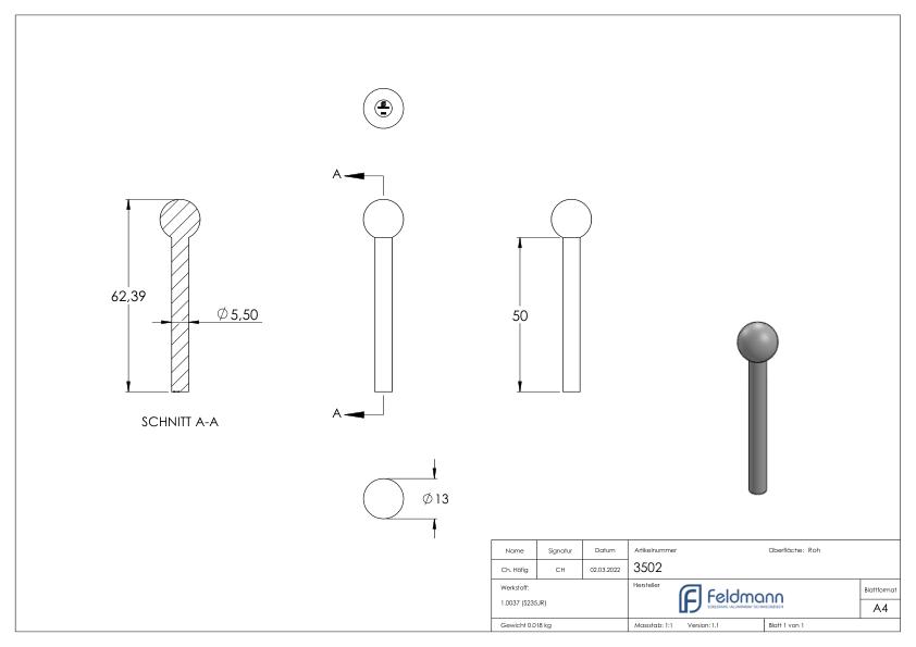 Kugelkopfbolzen, Kugel 13mm
