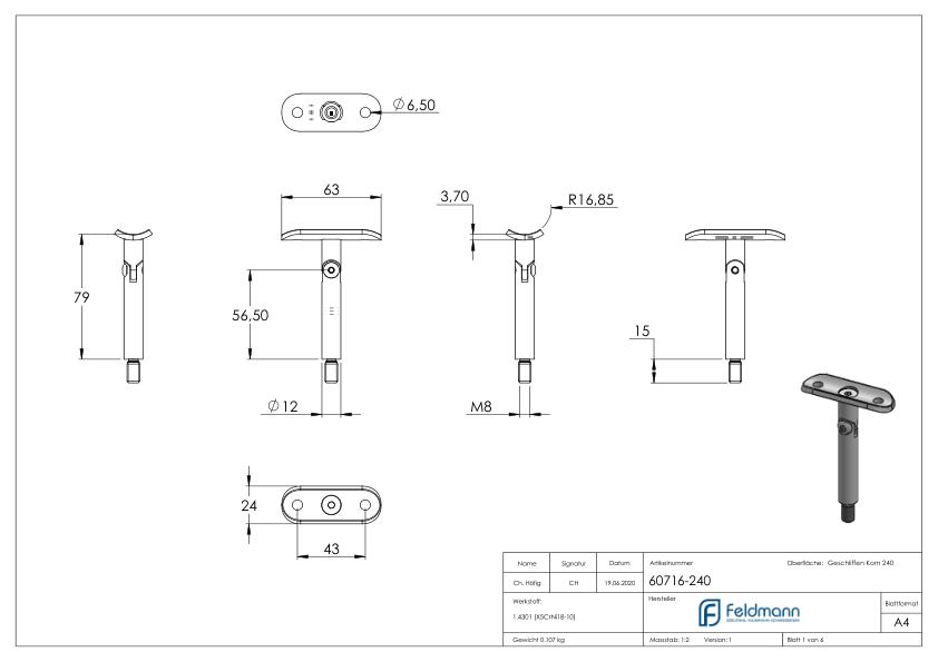 Gelenkstift Ø 12mm mit Handlaufanschlussplatte 33,7mm, V2A