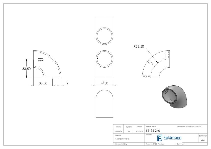 Schweißbogen 90°, 30,0x2,0mm, V2A