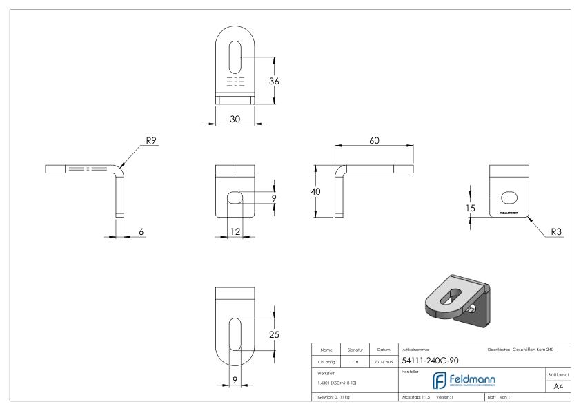 Winkel-Anschweißlasche, 60x40x30x6mm, V2A Winkel-Anschweißlasche, 60x40x30x6mm, V2A