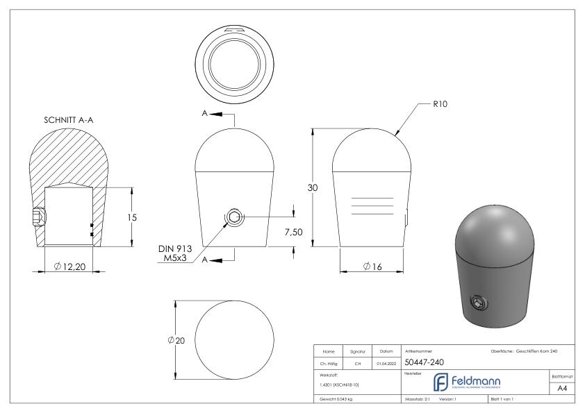 Endkappe für 12mm Rundmaterial, V2A