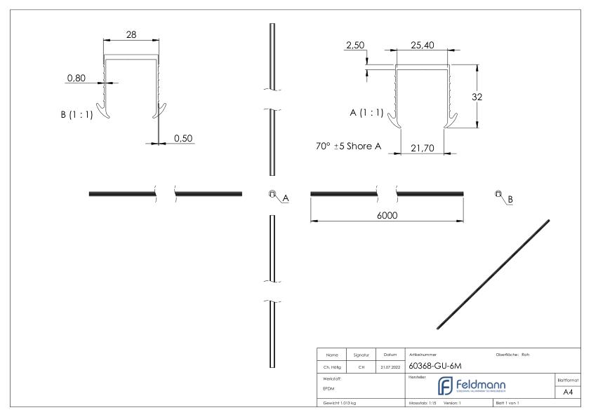 Keildichtung Glas 24,76 – 25,52mm, für Nut 27x30mm, 6m