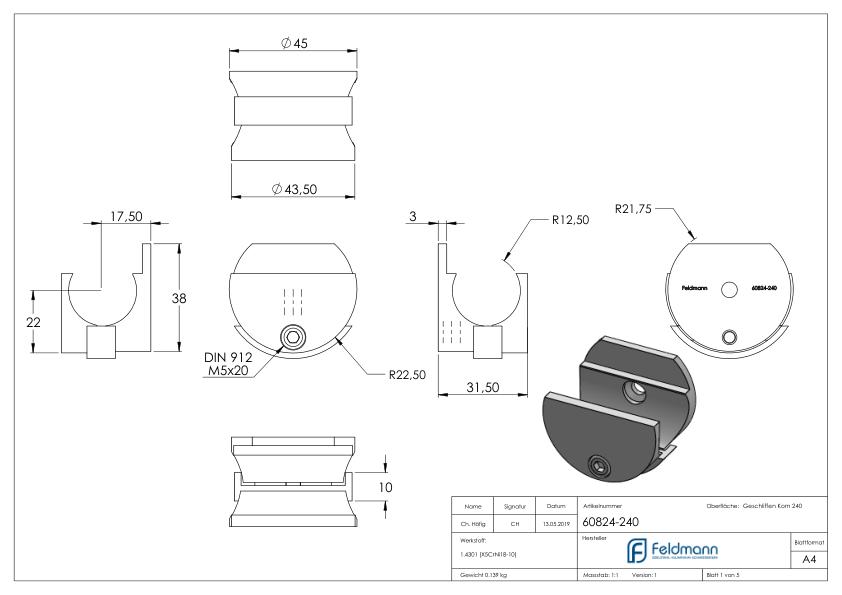 Wandhalter zum Klemmen für Laufschiene, V2A