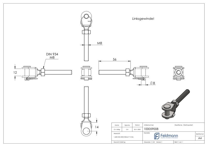 Gabelterminal mit Außengew. M8 links, V4A