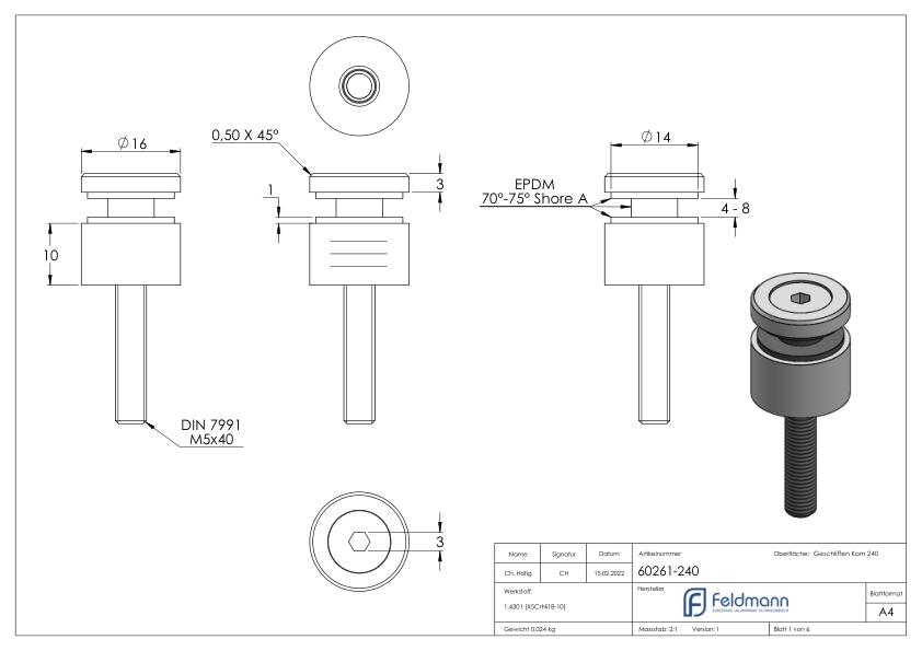 Glaspunkthalter 16mm, Anschluss: flach, V2A