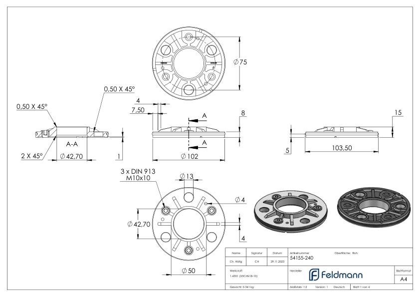 Ankerplatte, Ø 103,5x8mm für 42,4mm Rohr, roh, V2A