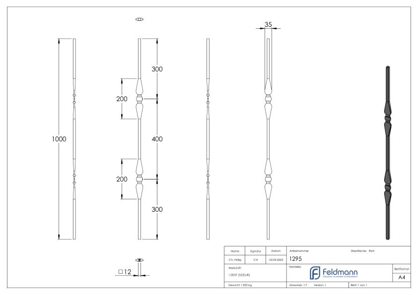 Zierstab 12x12mm, glatt, H: 1000mm