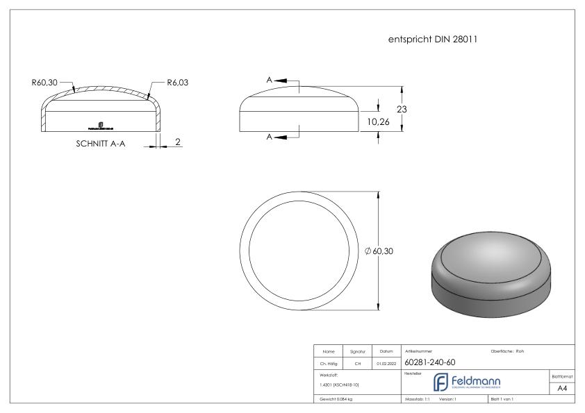 Klöpperboden 60,3x2,0mm, DIN 28011, V2A