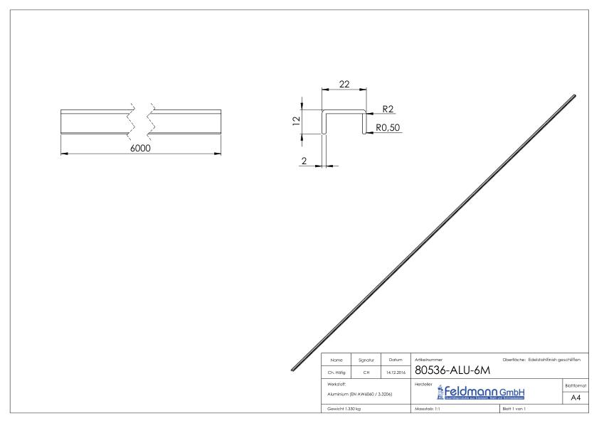 Aluminium-U-Profil, 22x12x2mm, L: 6000mm