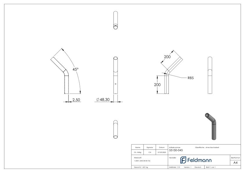 Rohrbogen 45°, aus Rohr 48,3x2,5mm, V2A