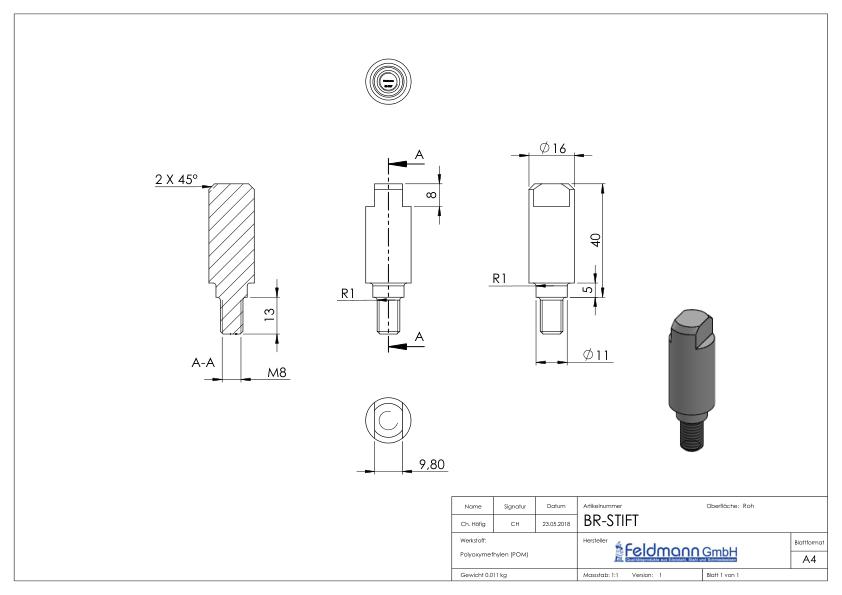 Stift zur Montagehilfe für Platten, POM