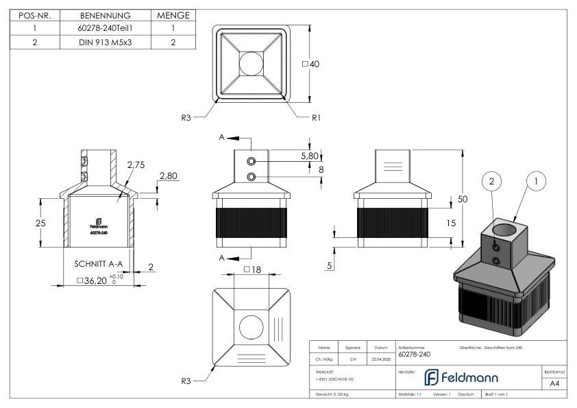 Stopfen für 40 x 40 x 2,0mm mit Bohrung 12,2mm, V2A