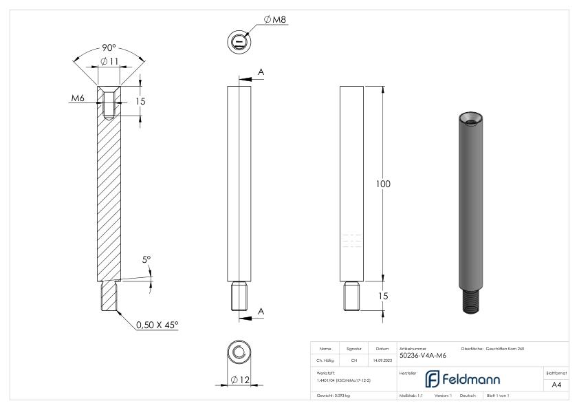 Stift Ø 12mm, L: 100mm, V4A