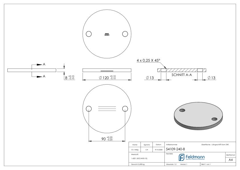 Ankerplatte Ø 120x8mm, mit Längsschliff, V2A