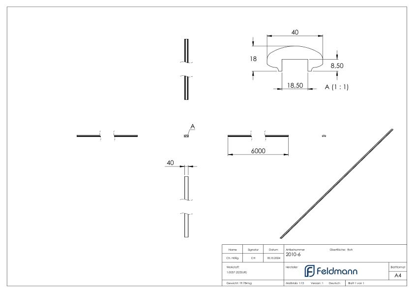 Handlauf 40x18mm mit Nut 18x8mm Länge 6m