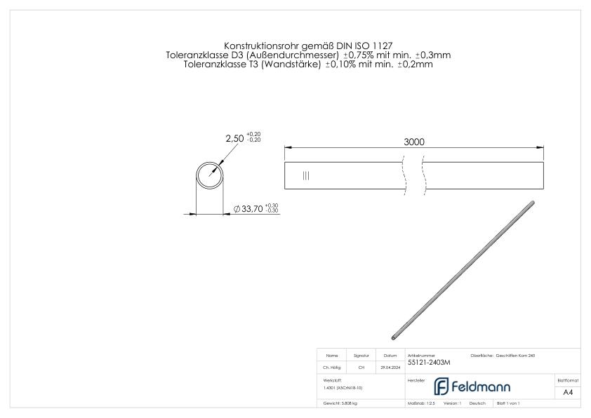 Edelstahlrohr, 33,7x2,5mm, L: 3000mm, V2A