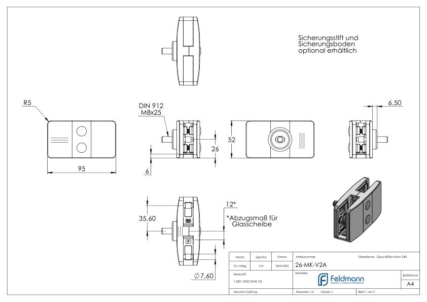 Sichtschutz Mittelglasklemme Mod. 26, V2A