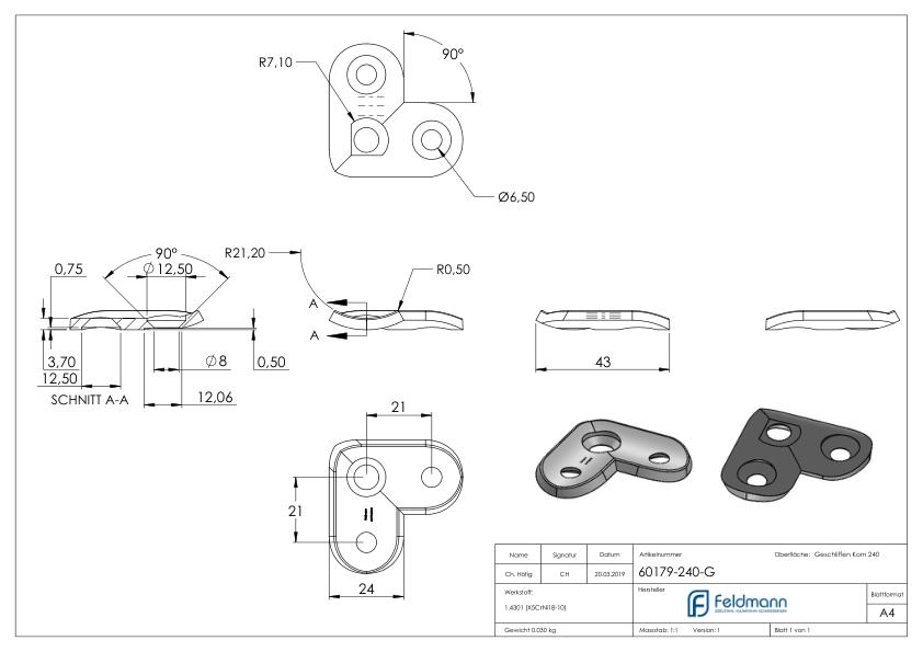 Handlaufanschlussplatte 90°, 42,4mm, Bohrungen gesenkt, V2A