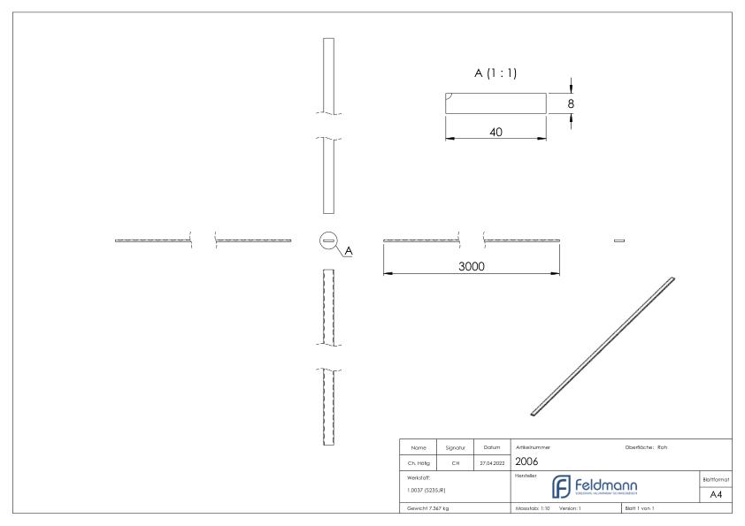 Flacheisen S235JR, 40x8mm, L: 3000mm