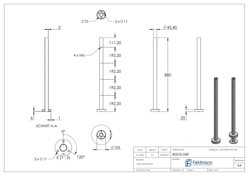 Edelstahlpfosten V2A zur Bodenmontage, H: 880mm