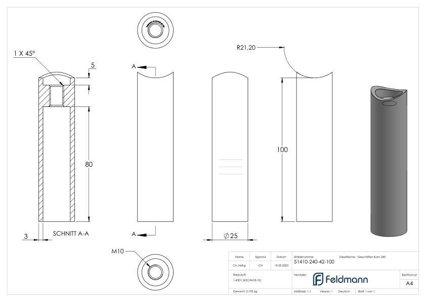 Wandhalter für Rohr 42,4mm, L: 100mm, V2A