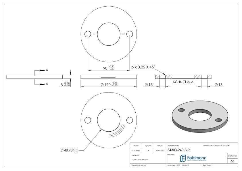 Ankerplatte Ø 120x8mm, mit Rundschliff, V2A