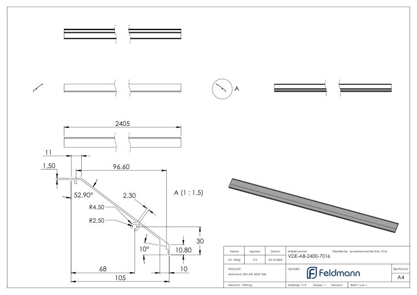 Design-Abdeckung für eleganza canopy, L: 2405mm, RAL 7016