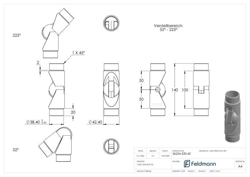 Gelenkstück, für Rohr 42,4 x 2,0mm, V2A