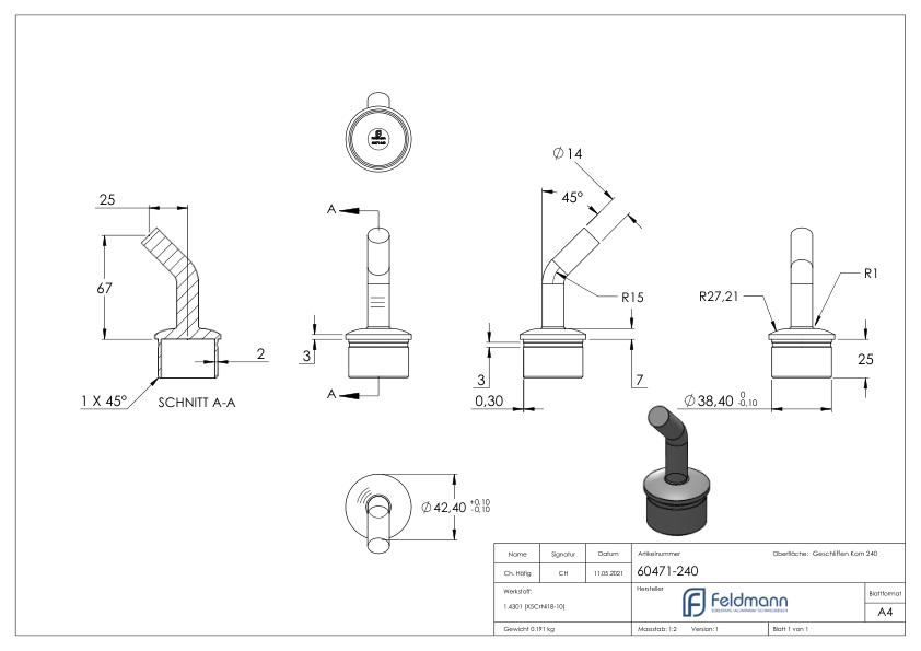 Rohrabschlussstopfen mit Stift 135°, für Rohr 42,4x2,0mm, V2A