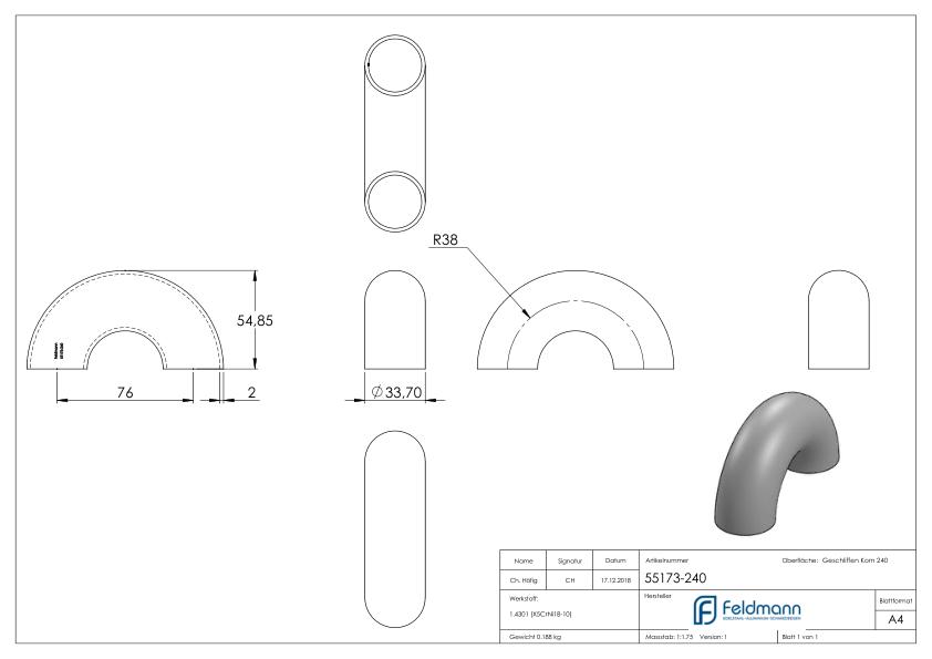 Schweißbogen 180°, 33,7x2,0mm, V2A