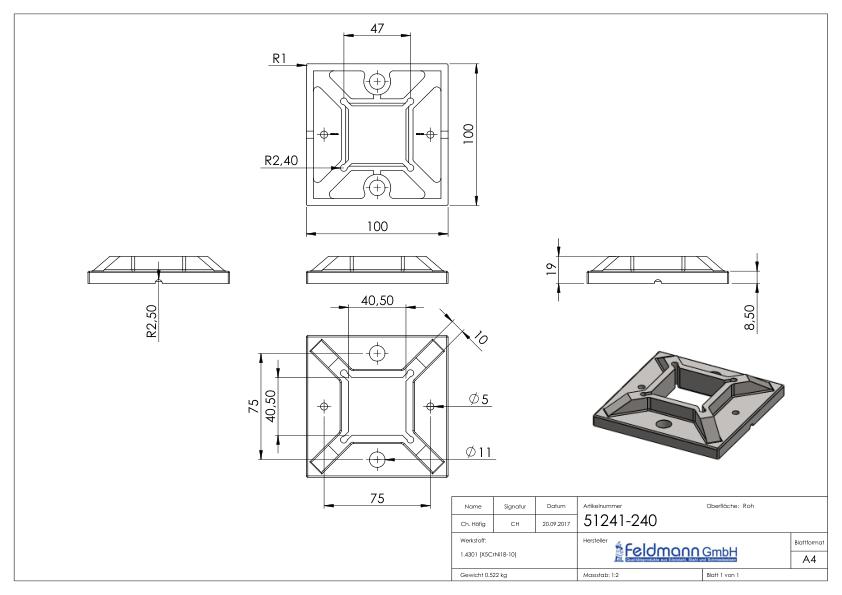 Wand- u. Bodenanker, 100x100x8mm, V2A