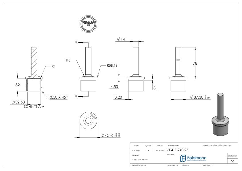 Rohrabschlussstopfen mit Stift für Rohr 42,4x2,5mm, V2A