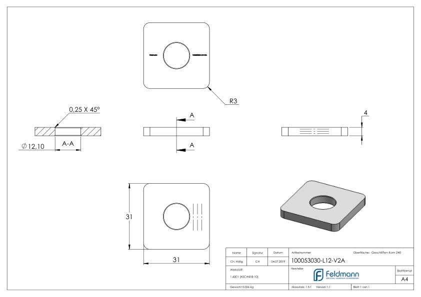 Einsteckkappe für Quadratrohr 30x30 mit Bohrung, V2A