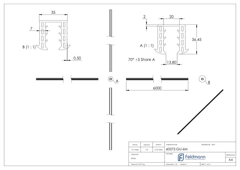 Keildichtung Glas 16,76 – 17,52mm, für Nut 34x34mm, 6m