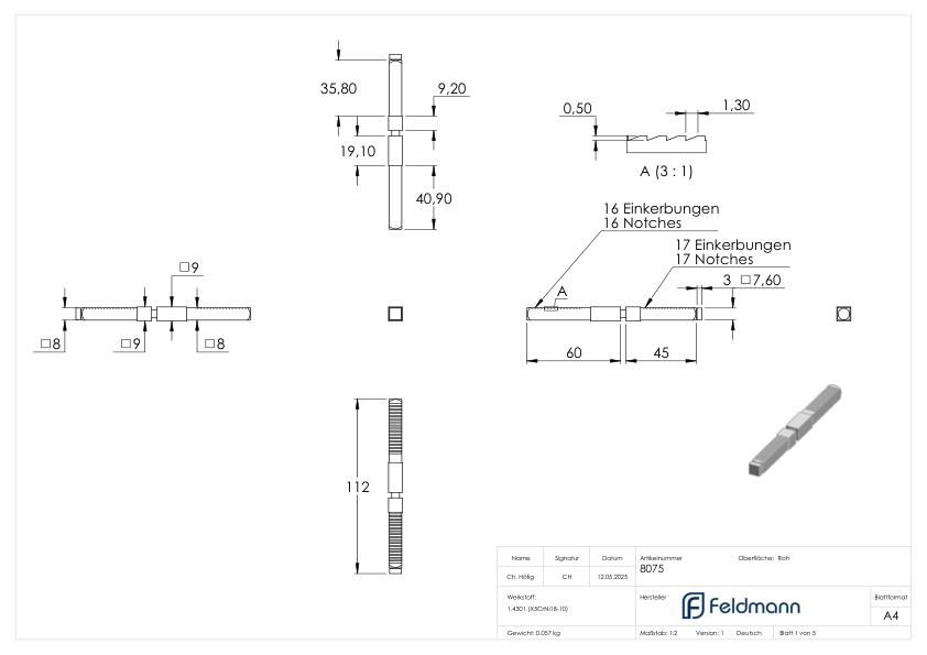 Stift 8 auf 9x105mm geteilt, V2A Stift 8 auf 9x105mm geteilt, V2A