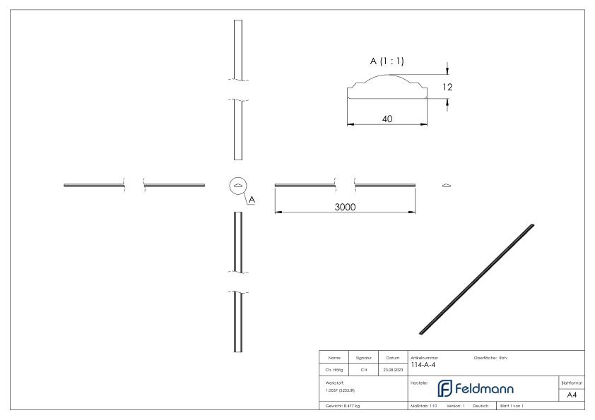 Handlauf S235JR, 40x12mm, L: 3000mm