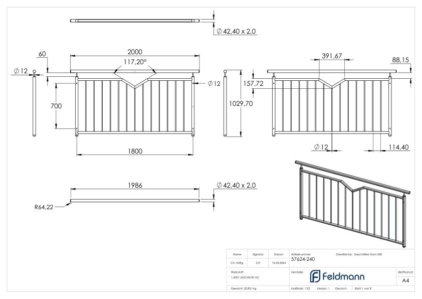 Französisches Balkongitter, mit V-Ausschnitt, B: 1,8m, V2A