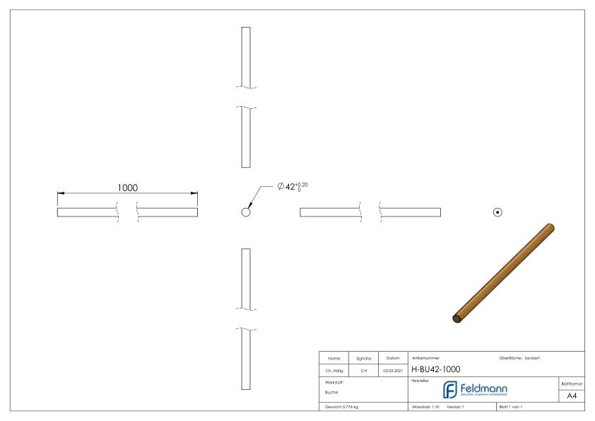 Holzhandlauf Buche, Ø 42mm, L: 1000mm