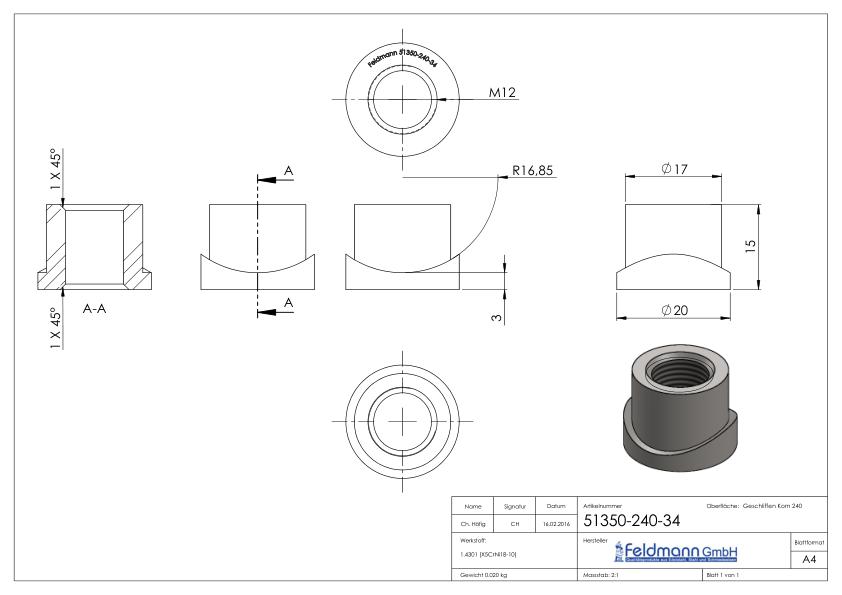 Gewindehülse, passend zu Torband 120-M12-VA, für Rohr 33,7mm, V2A