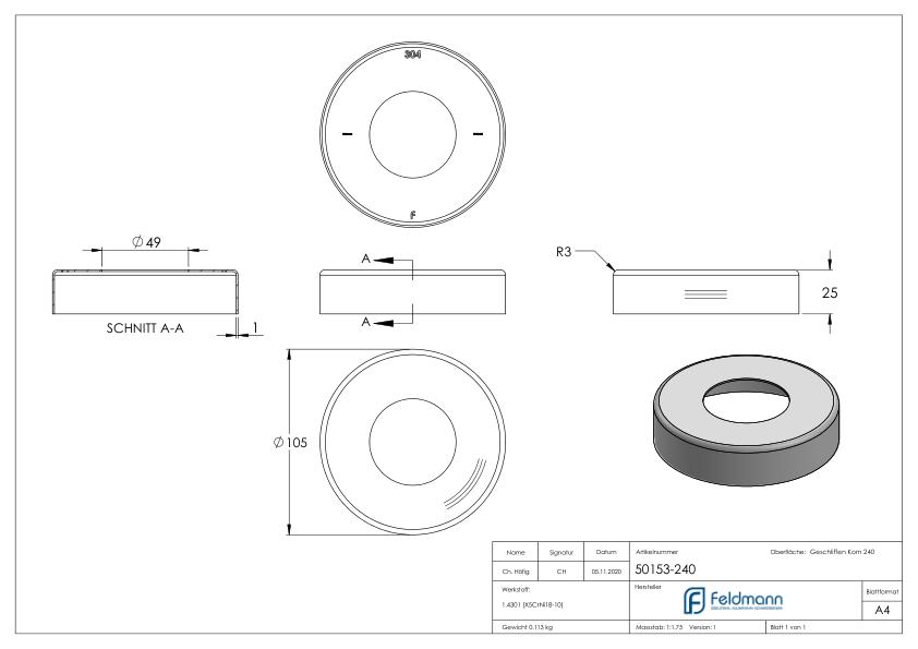 Abdeckrosette, 105x25mm, Bohrung 49mm, V2A